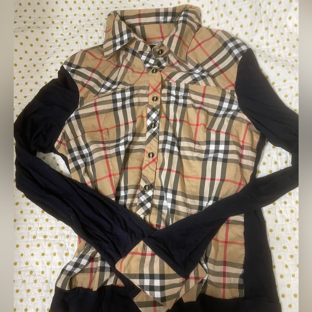 Plaid Button-up Navy Blue Blouse